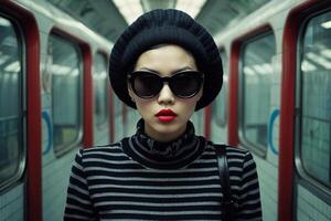 une femme portant des lunettes de soleil et une plaid manteau permanent dans de face de une métro train photo