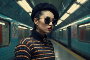 une femme portant des lunettes de soleil et une plaid manteau permanent dans de face de une métro train photo