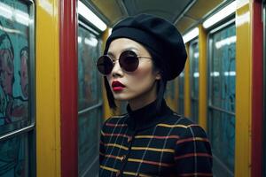 une femme portant des lunettes de soleil et une plaid manteau permanent dans de face de une métro train photo