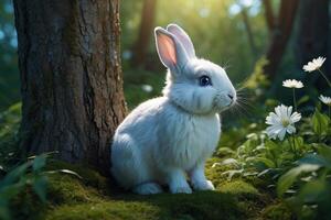 une blanc lapin est séance dans le herbe près une arbre photo