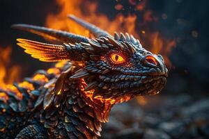 une dragon statue avec embrasé rouge yeux photo