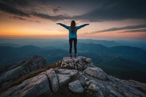 femme permanent sur Haut de Montagne avec bras tendu photo