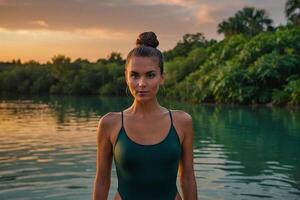 une femme dans une un pièce maillot de bain des stands sur le plage à le coucher du soleil photo