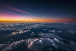 le Soleil est réglage plus de le des nuages comme vu de un avion photo