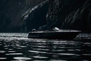 une noir bateau est flottant dans le l'eau photo