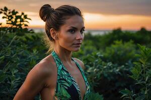 une femme dans une vert bikini Haut permanent dans de face de des buissons photo