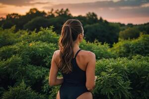 une femme dans une un pièce maillot de bain des stands sur le plage à le coucher du soleil photo