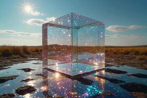 une cube avec briller sur il séance sur le sol photo