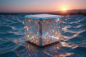 une cube avec briller sur il séance sur le sol photo