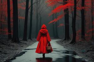 une femme dans une rouge manteau des promenades vers le bas une chemin dans le les bois photo