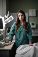 une femme dans une vert frotter costume permanent dans de face de une hôpital lit photo