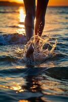 une la personne en marchant dans le océan à le coucher du soleil photo