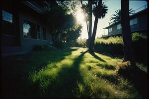 une herbeux zone avec des arbres et une Soleil brillant par photo