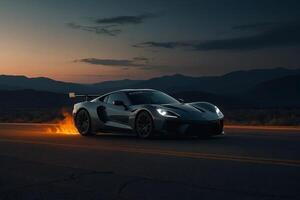 le 2020 Chevrolet gt1 est conduite vers le bas le route à le coucher du soleil photo