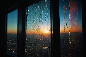 une vue de le ville de une fenêtre avec pluie sur le verre photo