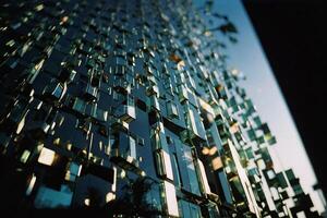 une bâtiment avec beaucoup verre les fenêtres et une réflexion de le ciel photo