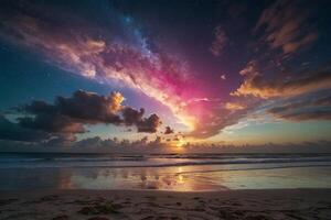 une orageux ciel plus de le océan et plage à le coucher du soleil photo