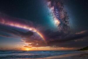 une arc en ciel est vu plus de le océan comme il est réfléchi dans le l'eau photo