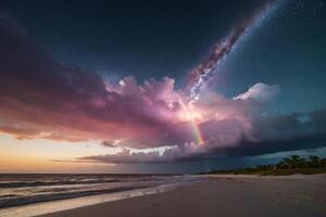 une coloré orageux ciel plus de le océan et le sable photo