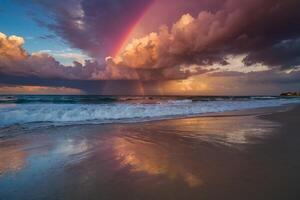 une coloré orageux ciel plus de le océan et le sable photo