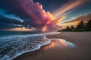 une arc en ciel plus de le océan à nuit photo