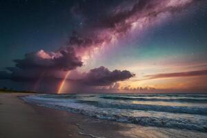 une arc en ciel plus de le océan à nuit photo