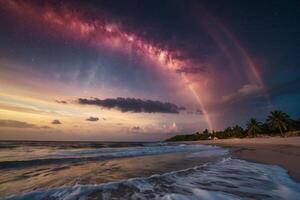 une arc en ciel plus de le océan à nuit photo