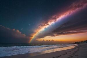 une arc en ciel plus de le océan à nuit photo