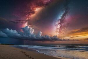 une coloré le coucher du soleil plus de le océan et plage photo