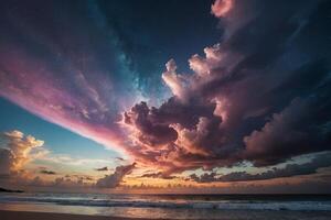 une coloré le coucher du soleil plus de le océan et plage photo