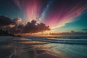 une coloré le coucher du soleil plus de le océan et plage photo