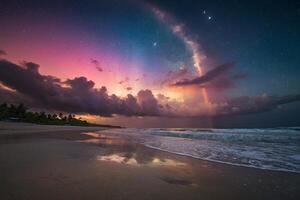 une arc en ciel et des nuages sont vu plus de le océan photo