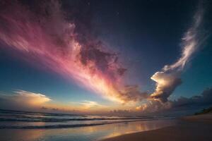 une arc en ciel et des nuages sont vu plus de le océan photo