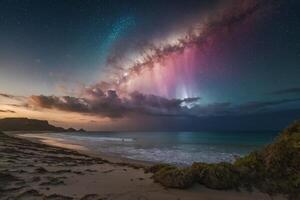 une arc en ciel et des nuages sont vu plus de le océan photo