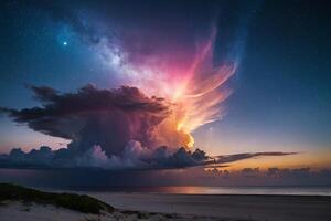 une arc en ciel est vu plus de le océan à nuit photo