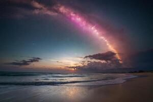 une arc en ciel est vu plus de le océan à nuit photo