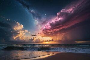 une arc en ciel est vu plus de le océan à nuit photo