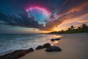 une arc en ciel est vu plus de le océan à le coucher du soleil photo