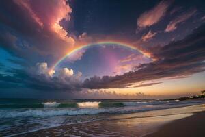 une arc en ciel est vu plus de le océan à le coucher du soleil photo