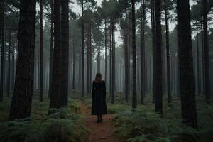 ai généré une la personne dans une noir chapeau permanent dans le milieu de une forêt photo