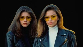 ai généré deux femmes portant Jaune des lunettes de soleil et cuir vestes photo