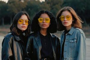 ai généré Trois femmes portant Jaune des lunettes de soleil permanent dans une champ photo