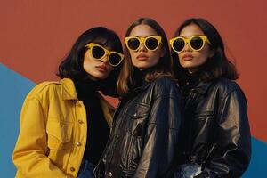 ai généré Trois femmes portant Jaune des lunettes de soleil permanent dans une champ photo