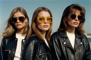 ai généré Trois femmes portant Jaune des lunettes de soleil permanent dans une champ photo