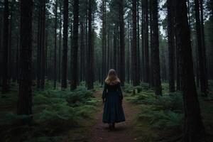 ai généré une femme dans une longue robe en marchant par une forêt photo