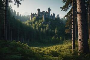 ai généré une Château est assis sur Haut de une colline entouré par des arbres photo