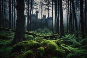 ai généré une Château est assis sur Haut de une colline entouré par des arbres photo