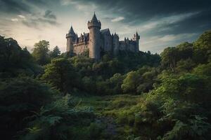 ai généré une Château est assis sur Haut de une colline entouré par des arbres photo