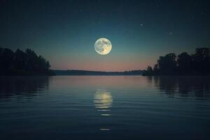 ai généré une plein lune est vu plus de une Lac à nuit photo