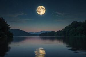 ai généré une plein lune est vu plus de une Lac à nuit photo